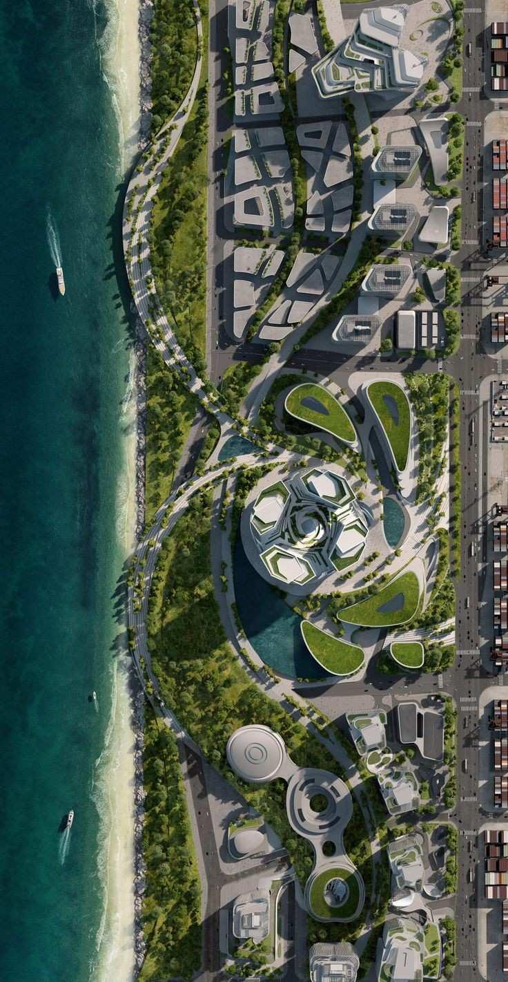 Aerial view of a site plan of coastal urban area showcasing curvy, futuristic architecture design and green spaces. 