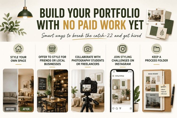 Infographic showing five practical ways for beginner interior stylists to build a professional portfolio without paid work, using real projects, collaborations, and process documentation.
