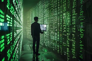 A person stands in a dimly lit room, surrounded by walls covered in glowing green binary code. They hold a tablet, examining the digital navigation data displayed on the screen. The atmosphere is futuristic and high-tech, highlighting the importance of usability in this complex information architecture.