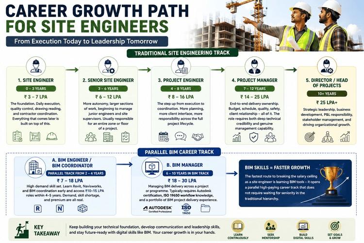 Career growth path infographic for site engineers showing roles from site engineer to project manager and BIM career opportunities with salary progression.