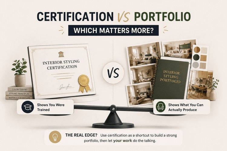 Comparison between an interior styling certificate and portfolio, highlighting that a strong portfolio demonstrates practical skills while certification helps build credibility and experience.