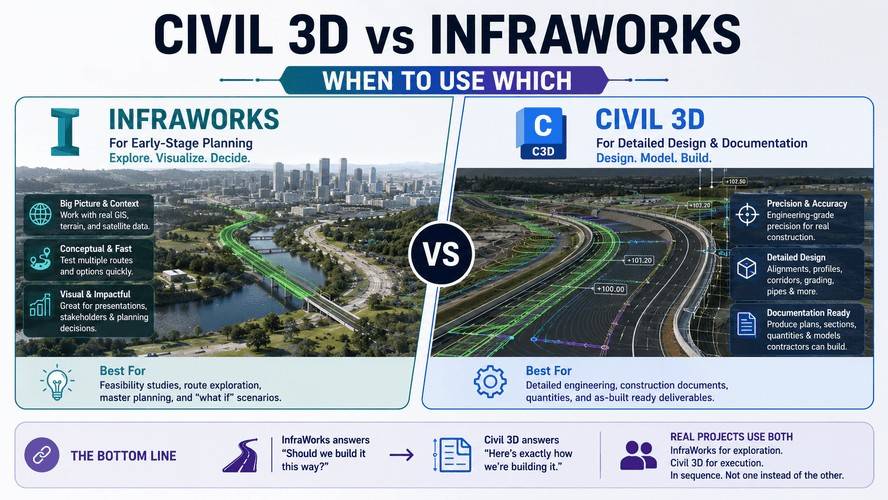 Side-by-side comparison of Civil 3D and InfraWorks showing conceptual planning versus detailed engineering design in BIM workflows.