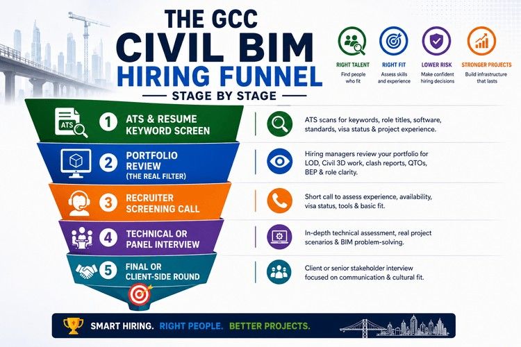 Infographic illustrating the GCC Civil BIM hiring funnel, highlighting ATS screening, portfolio review, recruiter calls, technical interviews, and final selection.