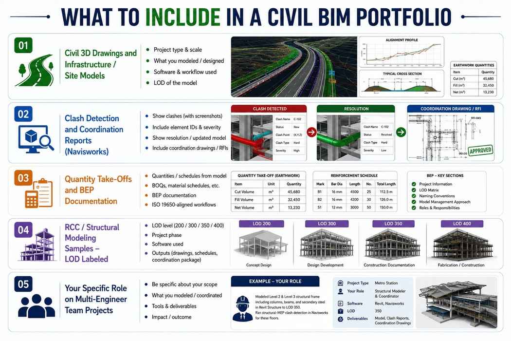 Infographic illustrating essential Civil BIM portfolio components including Civil 3D models, clash detection, quantity take-offs, structural modeling, and teamwork examples.