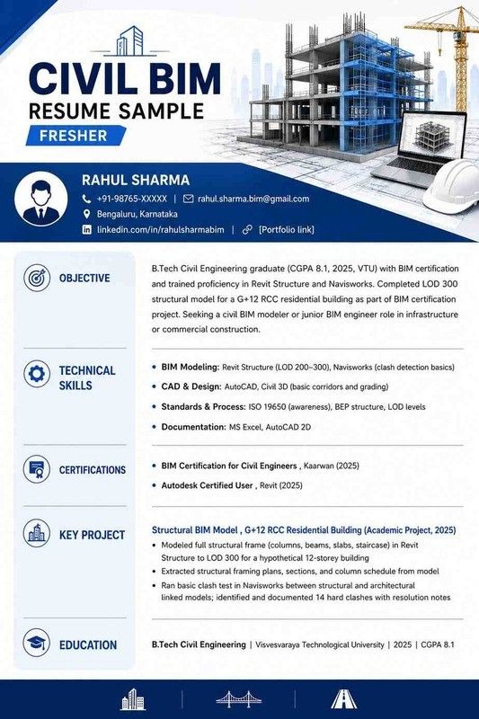 Infographic showing a Civil BIM fresher resume sample with structured sections, BIM project illustration, technical skills, certifications, and education.