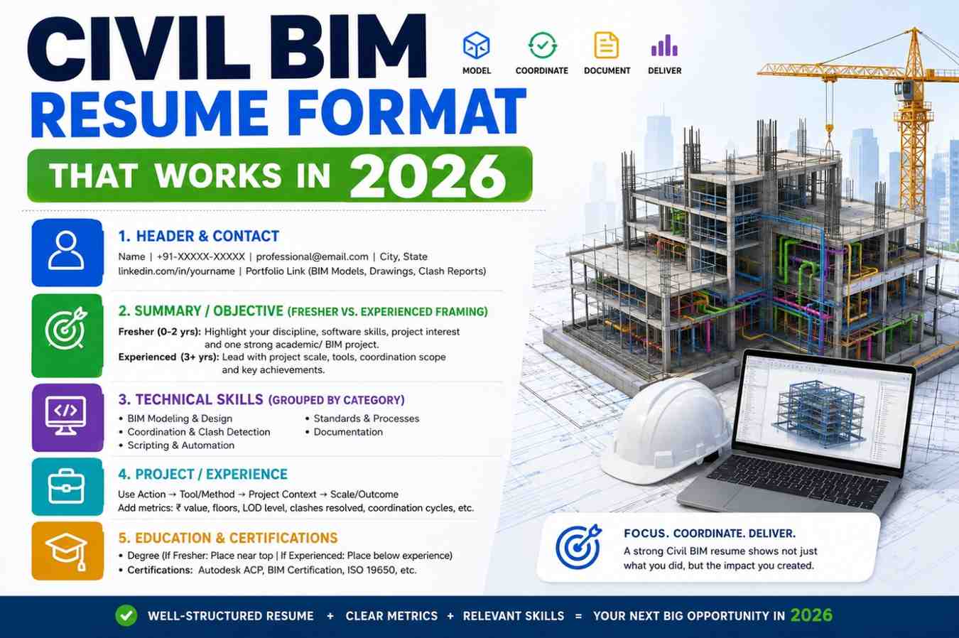 Colorful infographic showing Civil BIM resume structure for 2026, featuring resume sections, BIM model illustration, construction elements, and certification highlights.
