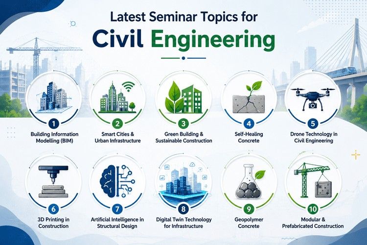 Modern infographic showing latest civil engineering seminar topics with BIM, smart cities, AI, drones, sustainable construction, and digital infrastructure icons on a futuristic city-themed background.