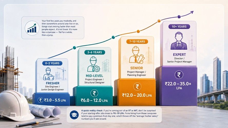 Infographic showing civil engineer salary progression in India by experience level, from fresher to senior leadership with increasing pay.