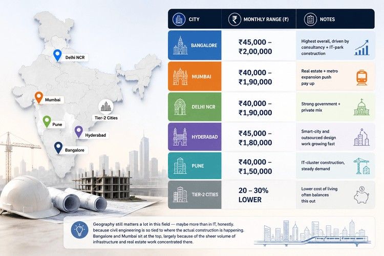 Map-based infographic comparing civil engineer monthly salary ranges across Bangalore, Mumbai, Delhi NCR, Hyderabad, Pune, and Tier-2 cities.