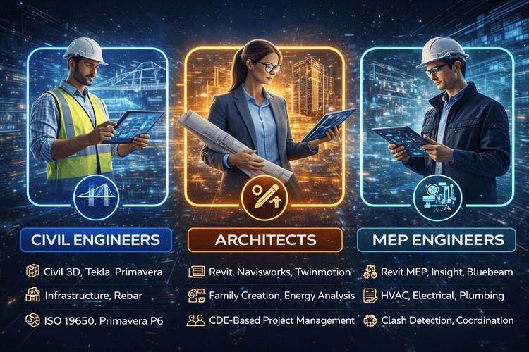 BIM course comparison for civil, architecture, and MEP engineers with tools and skills overview