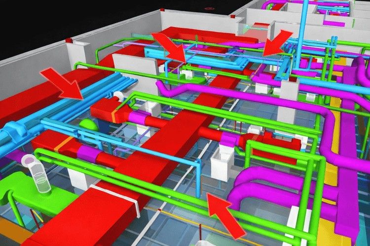 &nbsp;3D BIM model showing colourful overlapping pipes, ducts, and structural elements highlighting MEP clash detection conflicts.&nbsp;&nbsp;
