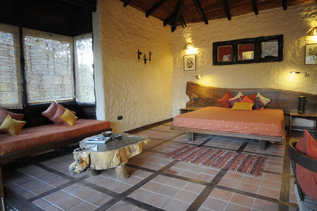 Interirors with smooth mud plastered walls and warm wooden ceiling, with grounding teracotta tiles