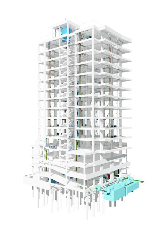 A digital rendering of a modern multi-story building under construction highlights the value of BIM certification in architecture. The structure's exposed floors and vertical beams showcase an open framework, while visible mechanical components, like two blue units near the base, underscore career benefits in this field.