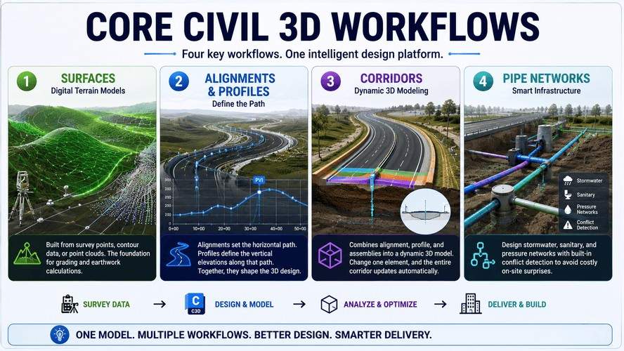 Infographic showing Civil 3D workflows including surfaces, alignments, profiles, corridors, and pipe networks for BIM-based infrastructure design