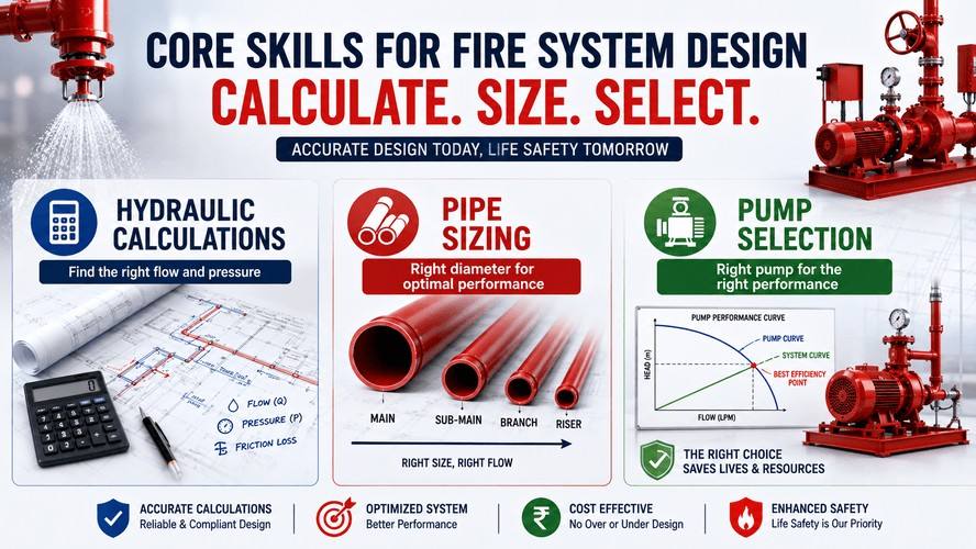 Fire system design infographic showing hydraulic calculations, pipe sizing, and pump selection for MEP engineers.