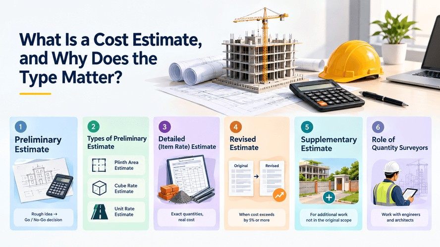 Construction cost estimate infographic showing preliminary, detailed, revised, and supplementary estimates.