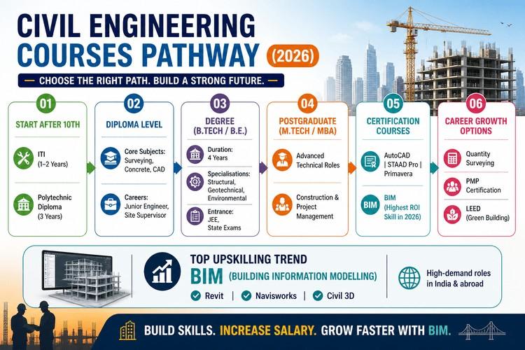Civil engineering courses pathway infographic showing options after 10th, diploma, degree, postgraduate, certification courses, and career growth, with BIM highlighted as a top skill for better jobs and salary.