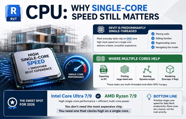 CPU single-core performance infographic showing Revit modeling tasks, multi-core workloads, and recommended processors for 2026.