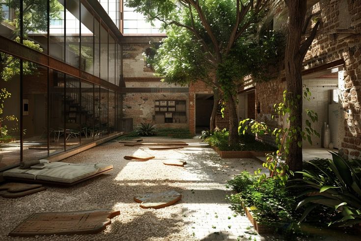 A realistic render of a tranquil indoor courtyard with large trees and plants, perfect for architectural presentations. 