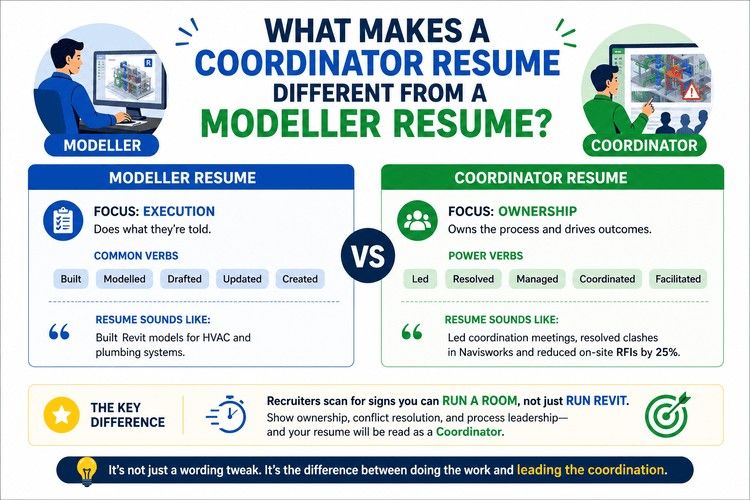 Infographic comparing MEP BIM Modeller and Coordinator resumes, highlighting execution versus ownership, leadership verbs, coordination skills, and recruiter expectations clearly.