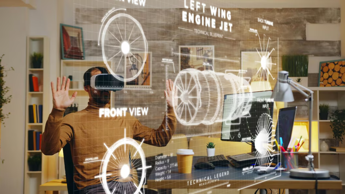 futuristic interface design concept showing dynamic visual elements with augmented reality overlay and dimensional components