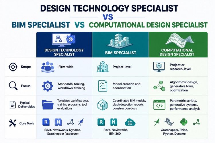 Comparison chart showing Design Technology, BIM, and Computational Design Specialist career roles.