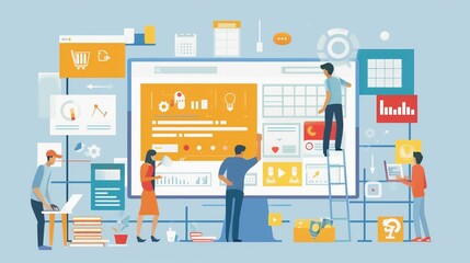 Illustration of five people collaborating on a large computer screen displaying various charts and graphs. The background features digital interface elements that adhere to WCAG guidelines for accessibility.