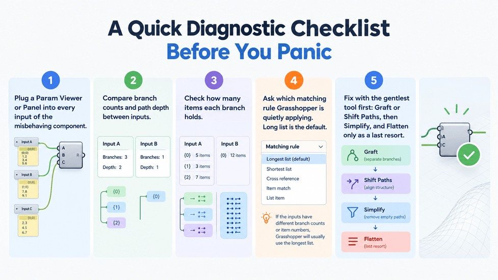 Grasshopper diagnostic checklist showing steps to inspect inputs, compare branch structures, check item counts, identify matching rules, and fix data tree issues using Graft, Shift Paths, Simplify, and Flatten.