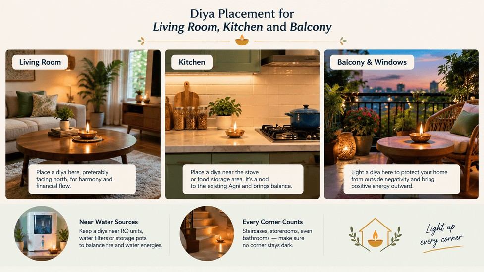 Diya placement guide for living room, kitchen, balcony, water sources, and dark corners of the home.&nbsp; &nbsp;