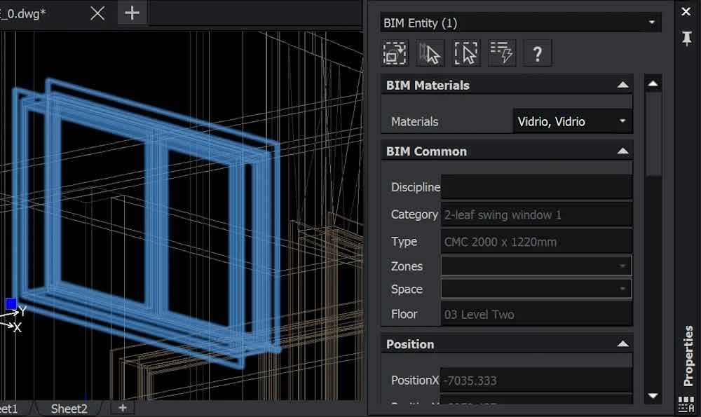 Screenshot of BIM software interface showing a Dwirwframe model of a 2-leaf swing window and its properties panel.