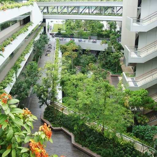 A hospital building with multiple levels features abundant greenery, including trees and plants lining the walkways. 