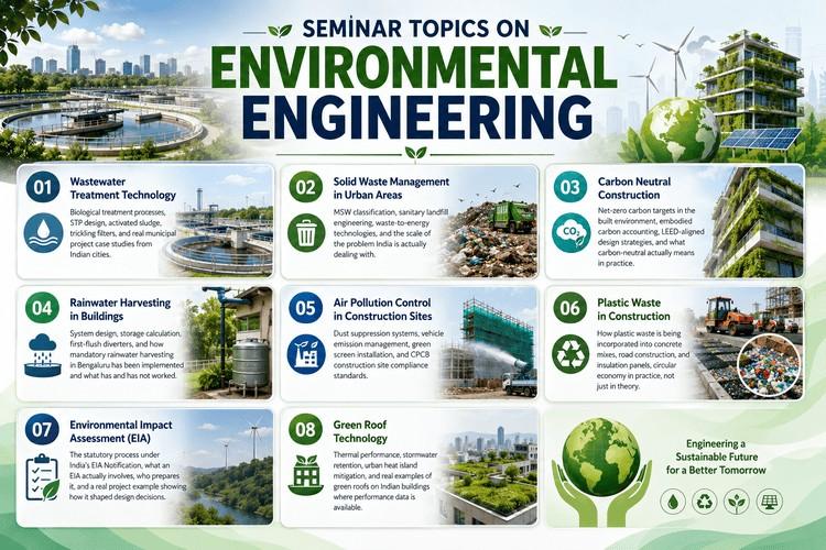 Modern environmental engineering infographic featuring seminar topics like wastewater treatment, solid waste management, carbon-neutral construction, rainwater harvesting, EIA, and green roof technology with eco-friendly infrastructure visuals.