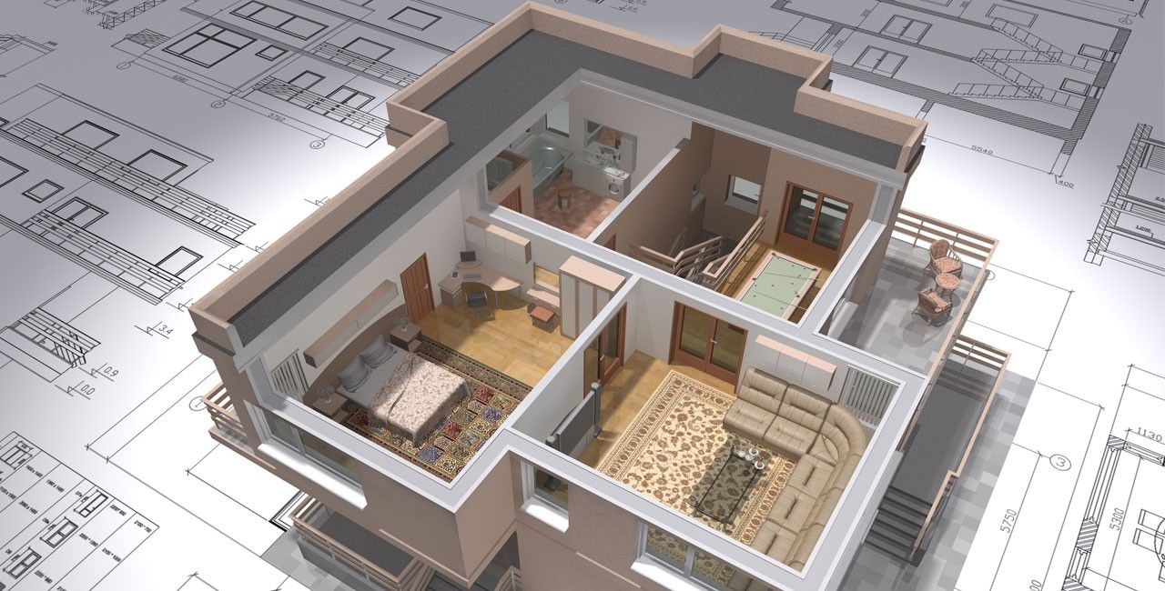 A 3D rendering of a house model showcases a cutaway view of the interior layout, featuring a living room, bedroom, and study. This detailed visualization is enhanced through Revit automation, all elegantly placed over architectural blueprints.