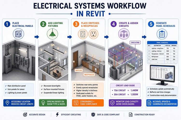 Electrical systems workflow in Revit showing panel placement, lighting, circuits, and panel schedules.