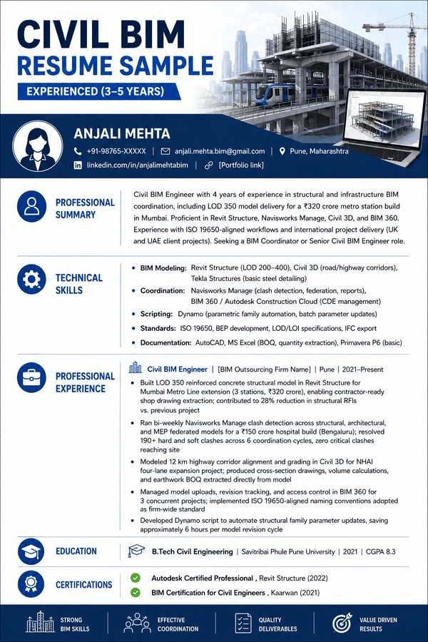 Infographic displaying an experienced Civil BIM resume sample with professional summary, technical skills, project achievements, certifications, and metro BIM illustration.