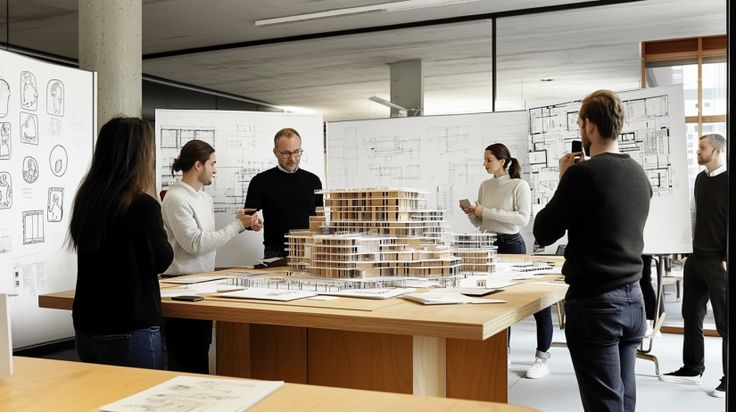 Team of architects coordinating drawings over a construction issue.