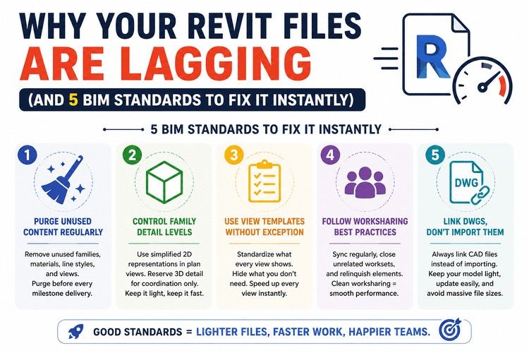 Five BIM standards infographic for faster, lighter, and optimized Revit files