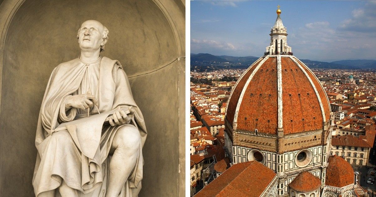 A marble statue of Filippo Brunelleschi, one of the great architects, holds a book beside an aerial view of Florence's cathedral dome.