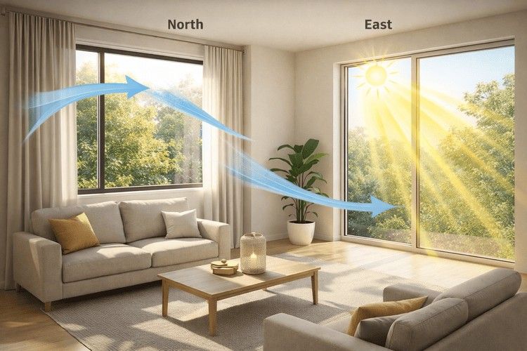 &nbsp;Home interior showing natural light and airflow through north and east-facing windows in a Vastu-compliant design.&nbsp;&nbsp;