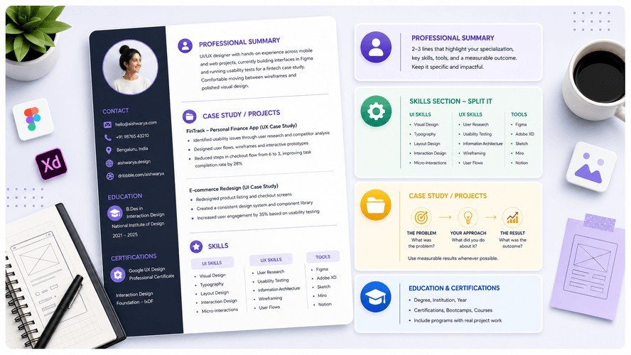 UI/UX designer resume layout showing professional summary, skills, case studies, education, certifications, and design tools.