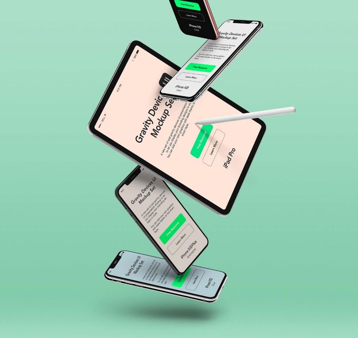 A floating arrangement of digital devices, including a tablet, smartphones, and a stylus, showcases a webpage with header text and green buttons. 