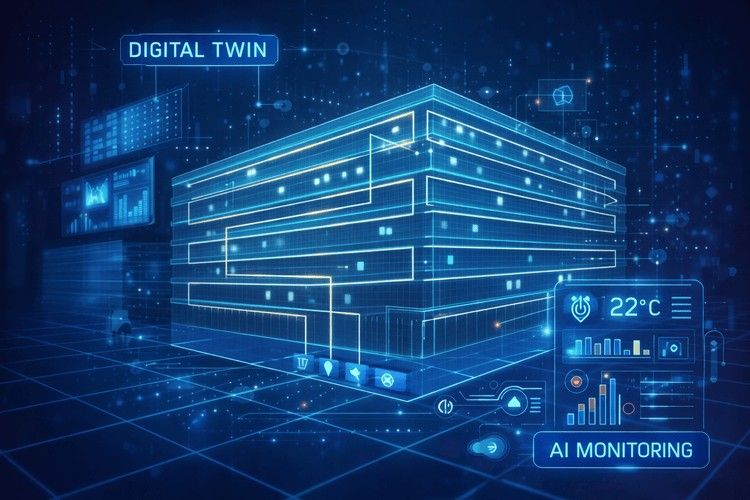 Digital twin visualization of a smart building with AI monitoring dashboards showing temperature, performance data, and real-time analytics.