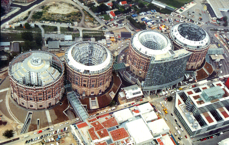 Aerial view of the adaptive reuse project of Gasometer City in Vienna.