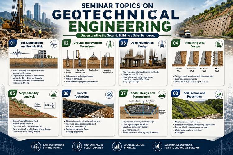 Modern geotechnical engineering infographic featuring seminar topics like soil liquefaction, deep foundation design, retaining walls, slope stability, geocell technology, and soil erosion prevention with construction and ground engineering visuals.