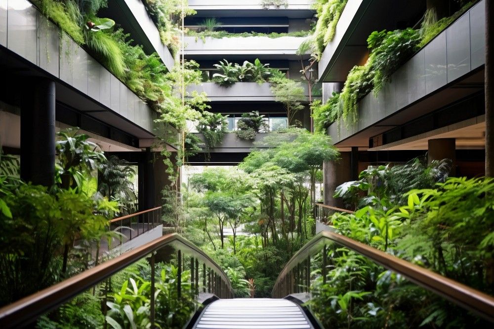 A modern building interior featuring greenery and vertical gardens on multiple levels. 