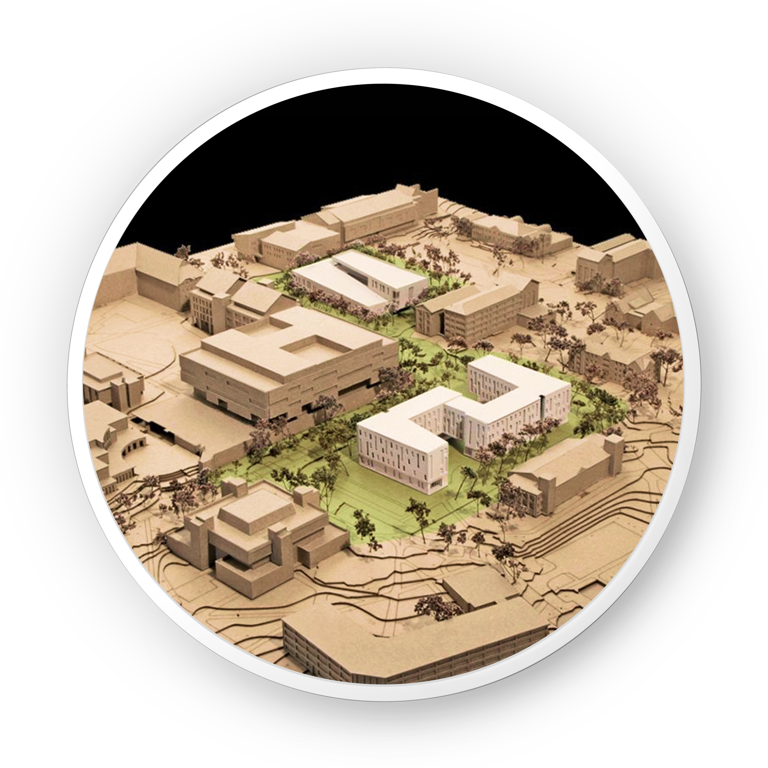 Site model showing building placement, landscape, and surrounding context