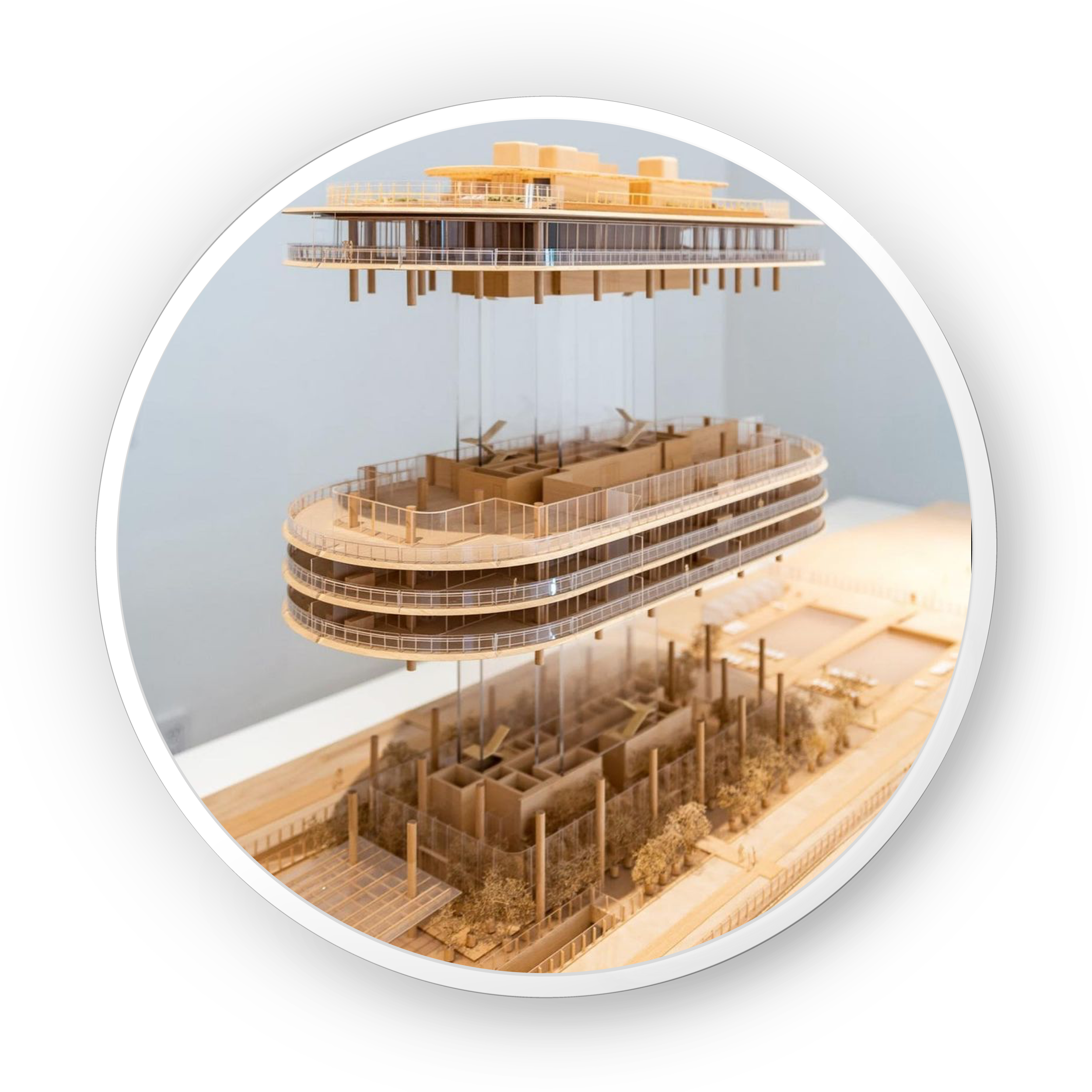 Structural architectural model highlighting beams, supports, and frameworks