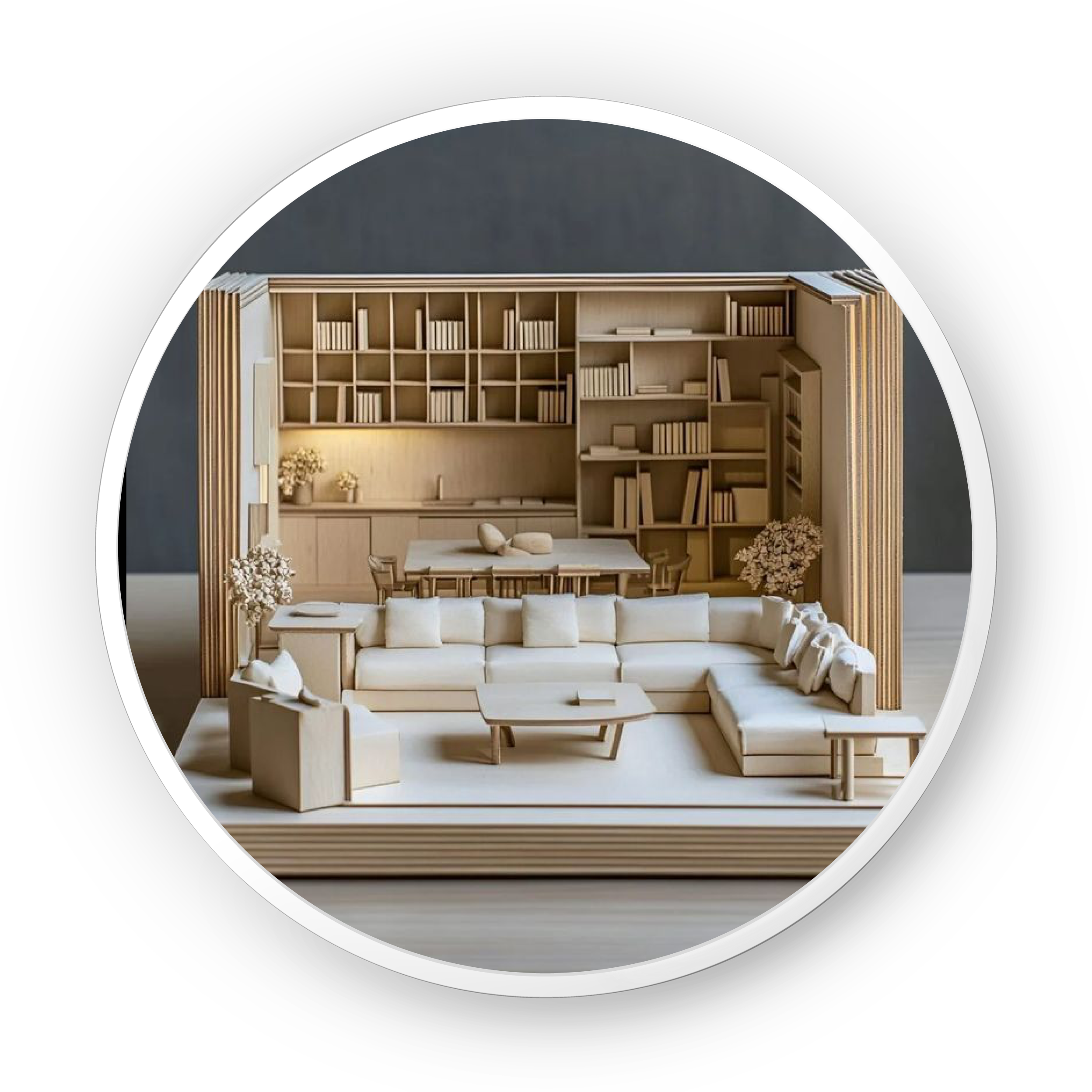 Interior architectural model with furniture and lighting details