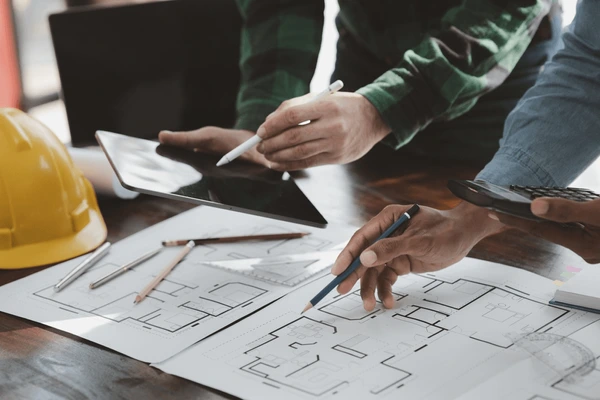 Architect reviewing detailed working drawing sheets at desk.