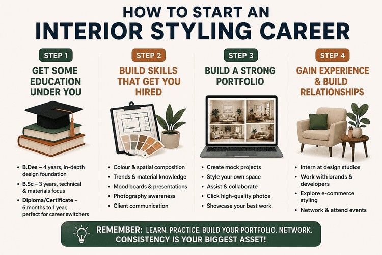 Interior styling career roadmap infographic showing education, skills, portfolio building, and experience steps.